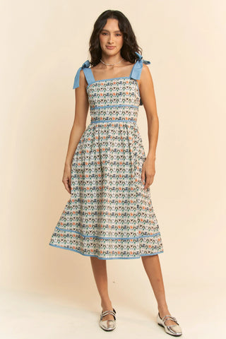Bow Strap Fit and Flare Midi Dress – Vintage Floral Patterned Sundress