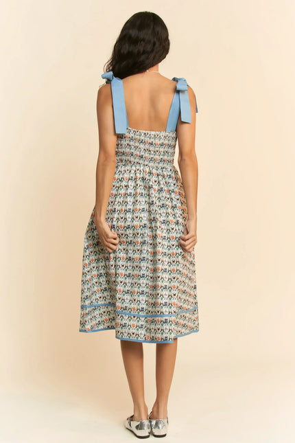 Bow Strap Fit and Flare Midi Dress – Vintage Floral Patterned Sundress