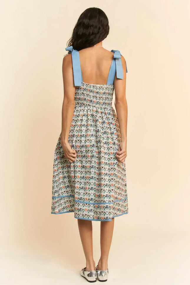 Bow Strap Fit and Flare Midi Dress – Vintage Floral Patterned Sundress