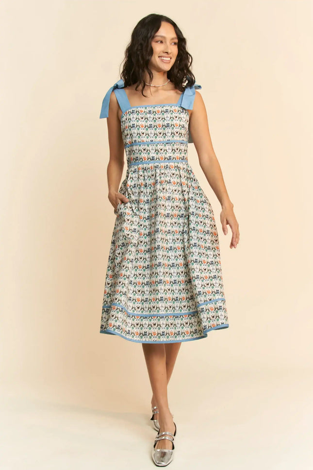 Bow Strap Fit and Flare Midi Dress – Vintage Floral Patterned Sundress