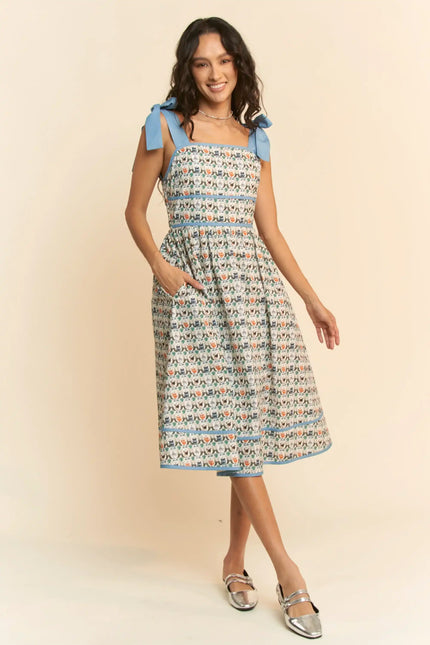 Bow Strap Fit and Flare Midi Dress – Vintage Floral Patterned Sundress