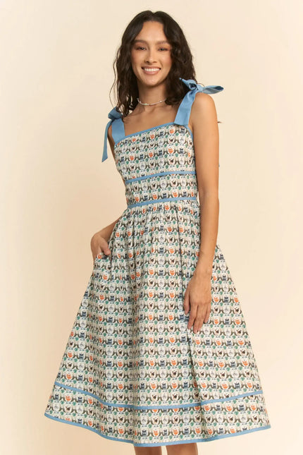 Bow Strap Fit and Flare Midi Dress – Vintage Floral Patterned Sundress