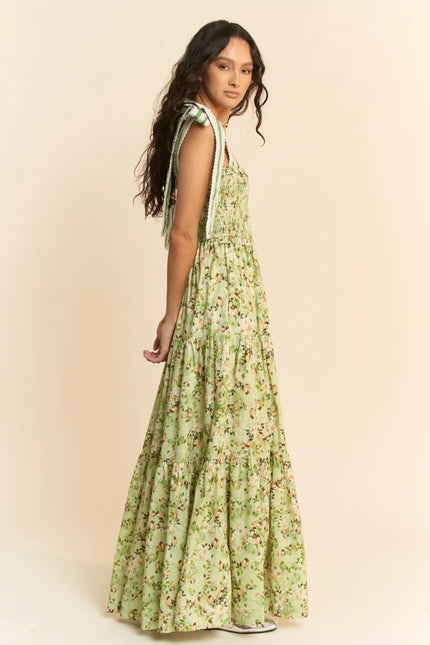 Floral Tie Strap Smocked Maxi Dress – Tiered Skirt Garden Party Dress
