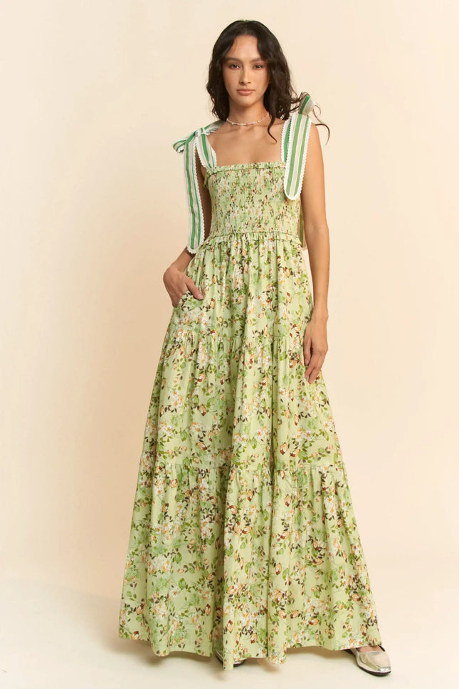 Floral Tie Strap Smocked Maxi Dress – Tiered Skirt Garden Party Dress