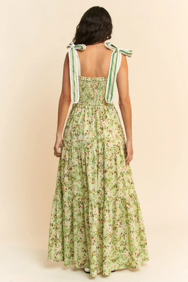 Floral Tie Strap Smocked Maxi Dress – Tiered Skirt Garden Party Dress