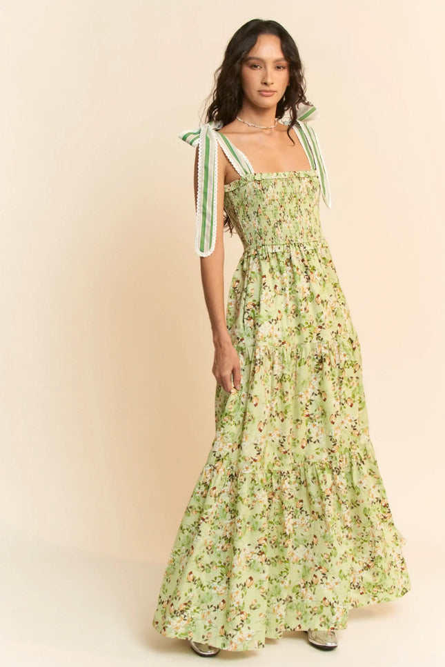 Floral Tie Strap Smocked Maxi Dress – Tiered Skirt Garden Party Dress