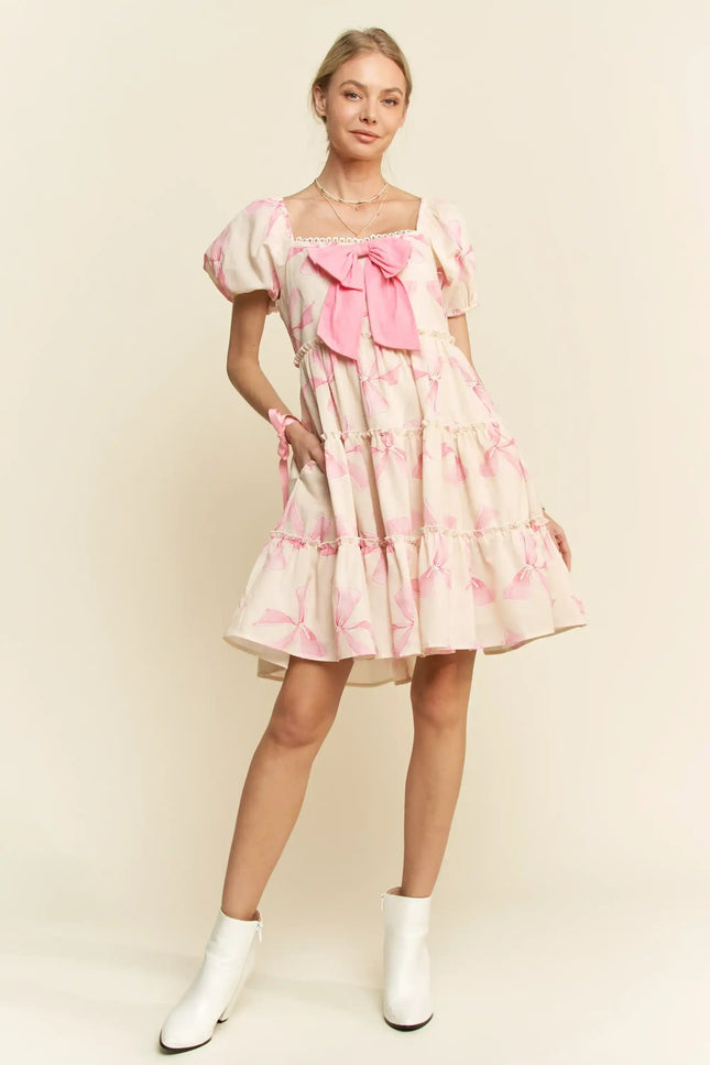 Puff Sleeve Bow Front Mini Dress – Tiered Skirt Babydoll Style