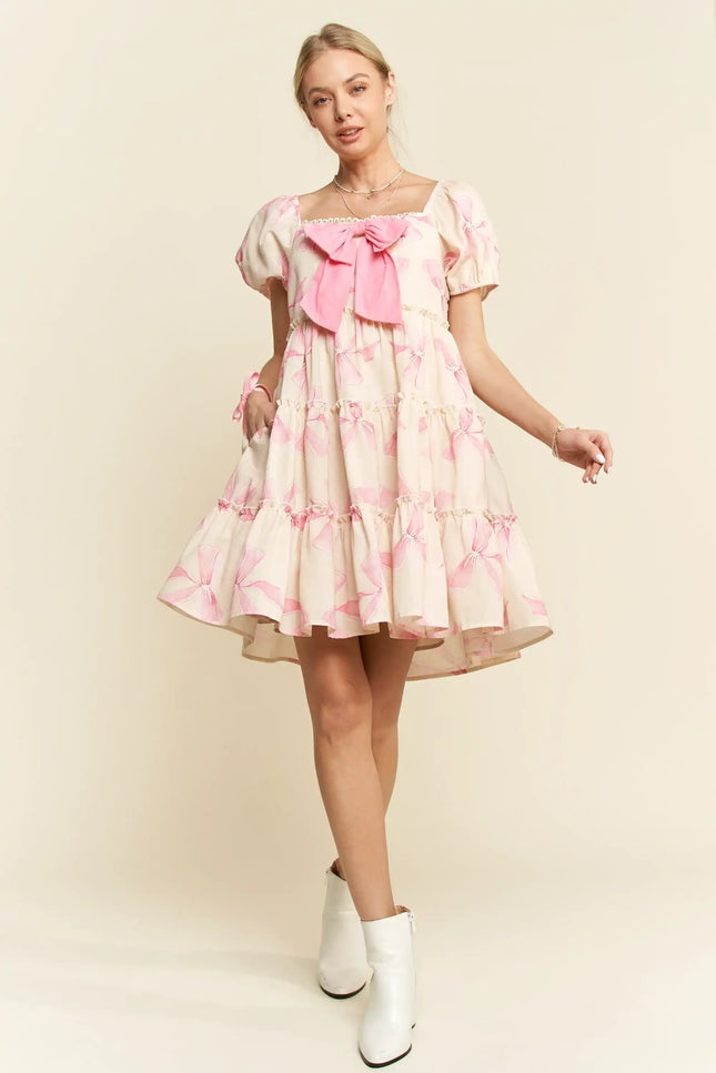 Puff Sleeve Bow Front Mini Dress – Tiered Skirt Babydoll Style