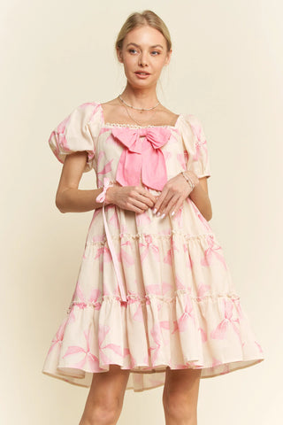 Puff Sleeve Bow Front Mini Dress – Tiered Skirt Babydoll Style