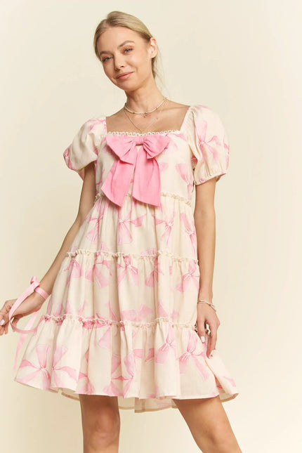 Puff Sleeve Bow Front Mini Dress – Tiered Skirt Babydoll Style