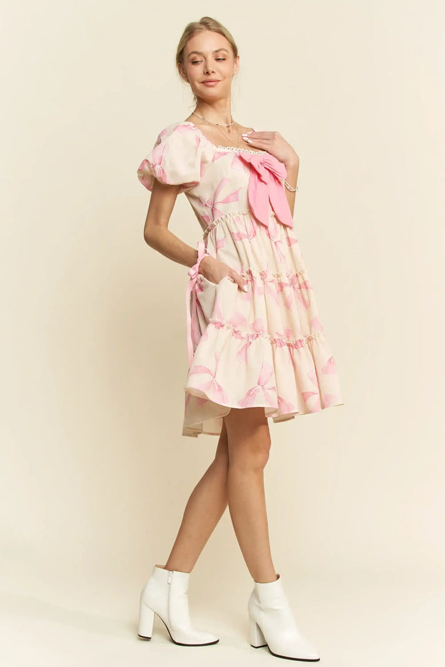 Puff Sleeve Bow Front Mini Dress – Tiered Skirt Babydoll Style