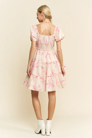 Puff Sleeve Bow Front Mini Dress – Tiered Skirt Babydoll Style