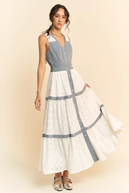 Chambray and Lace Maxi Dress – Sleeveless Button Front Tiered Panel Dress