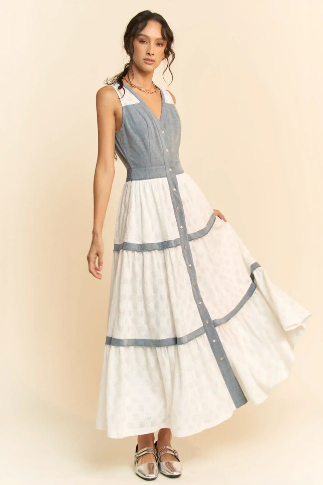Chambray and Lace Maxi Dress – Sleeveless Button Front Tiered Panel Dress