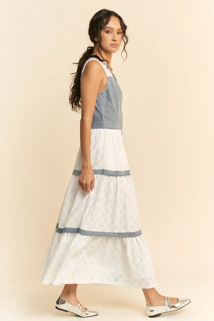Chambray and Lace Maxi Dress – Sleeveless Button Front Tiered Panel Dress