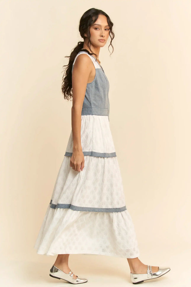 Chambray and Lace Maxi Dress – Sleeveless Button Front Tiered Panel Dress