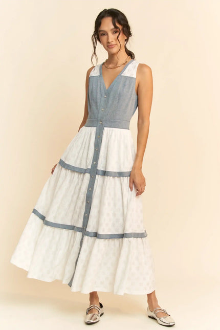 Chambray and Lace Maxi Dress – Sleeveless Button Front Tiered Panel Dress