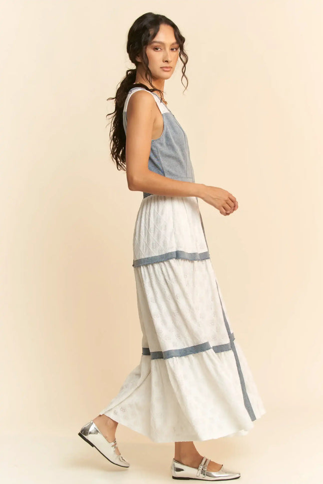 Chambray and Lace Maxi Dress – Sleeveless Button Front Tiered Panel Dress