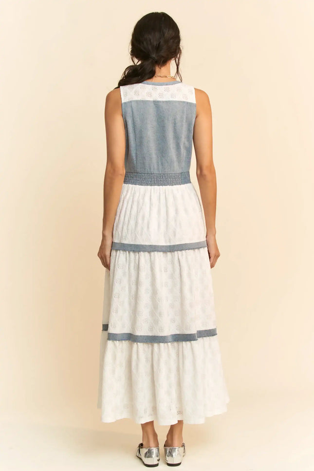 Chambray and Lace Maxi Dress – Sleeveless Button Front Tiered Panel Dress