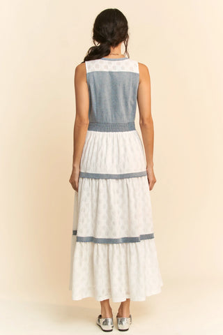 Chambray and Lace Maxi Dress – Sleeveless Button Front Tiered Panel Dress