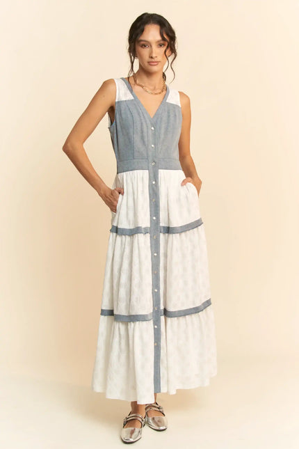 Chambray and Lace Maxi Dress – Sleeveless Button Front Tiered Panel Dress