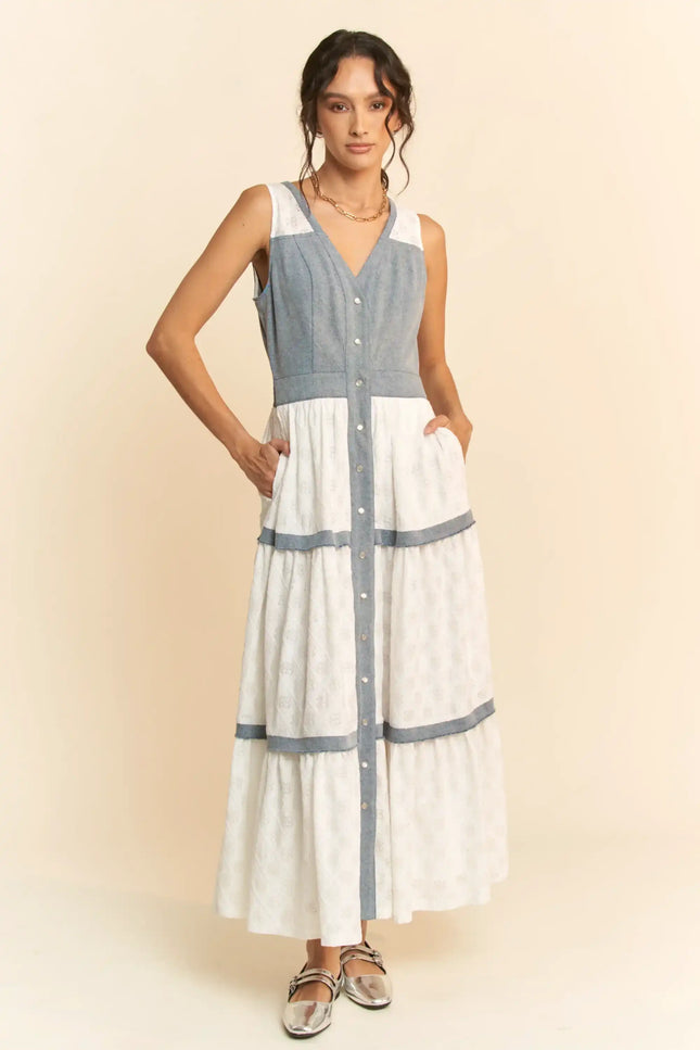 Chambray and Lace Maxi Dress – Sleeveless Button Front Tiered Panel Dress