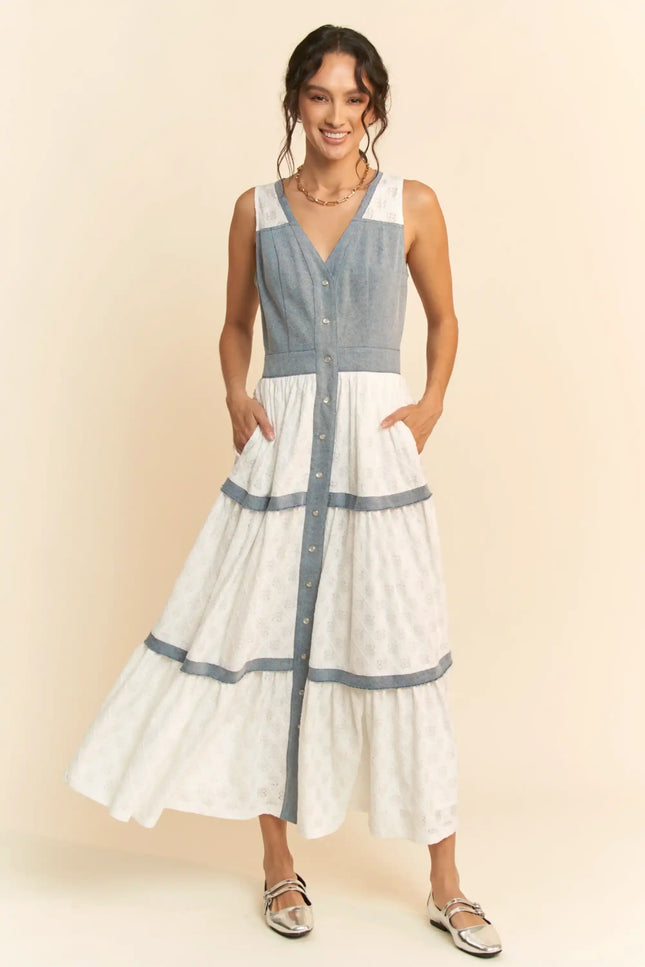 Chambray and Lace Maxi Dress – Sleeveless Button Front Tiered Panel Dress