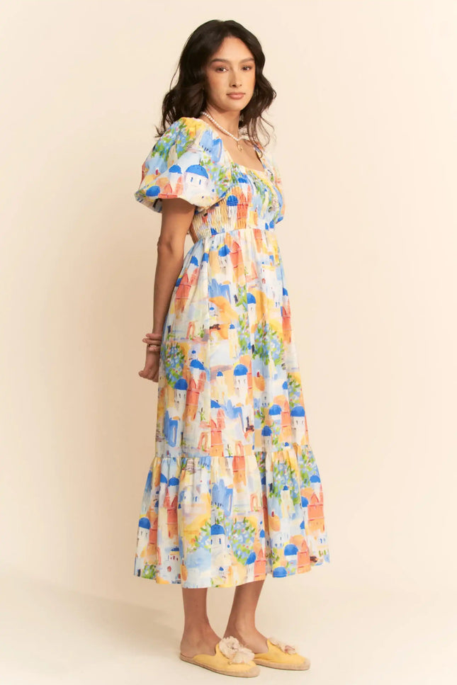 Watercolor Village Print Smocked Midi Dress – Puff Sleeve Tiered Skirt Dress
