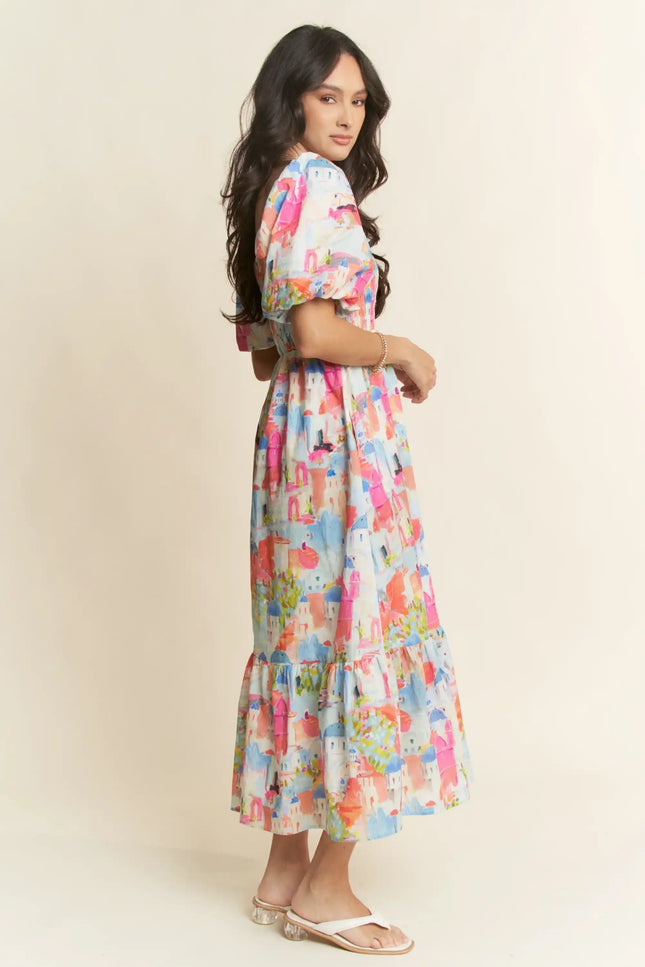Watercolor Village Print Smocked Midi Dress – Puff Sleeve Tiered Skirt Dress