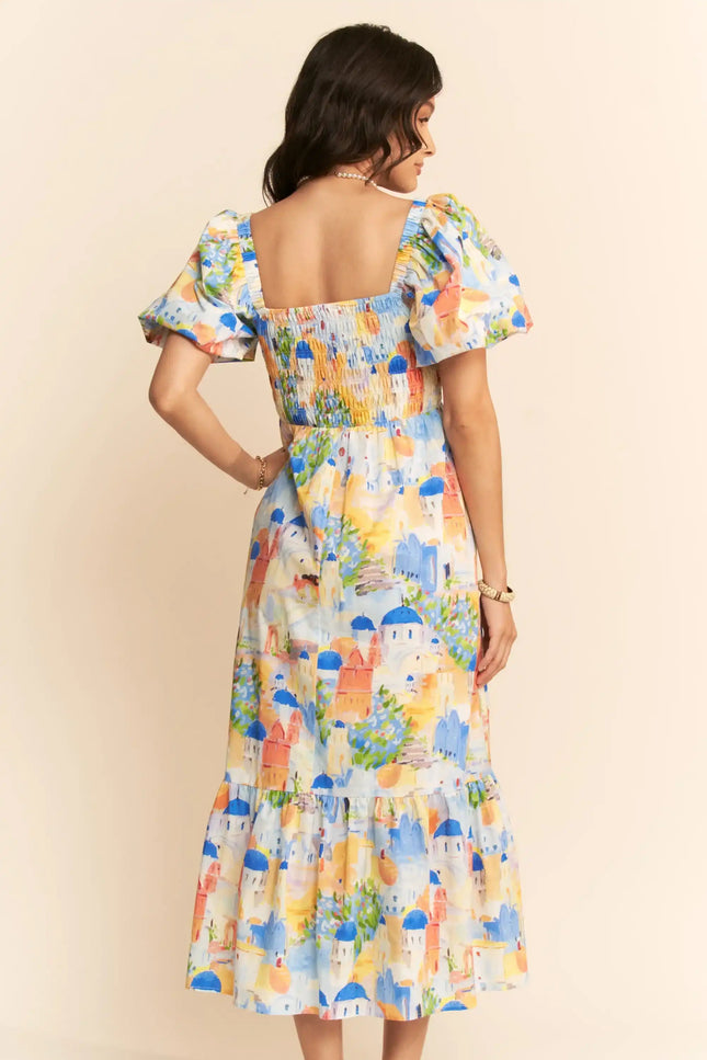 Watercolor Village Print Smocked Midi Dress – Puff Sleeve Tiered Skirt Dress