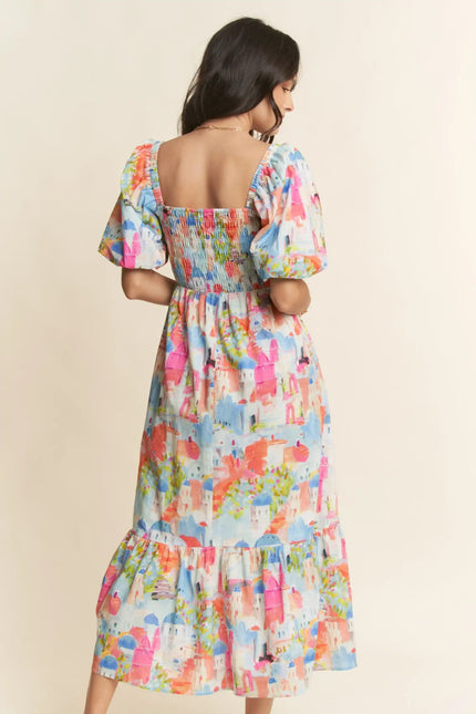 Watercolor Village Print Smocked Midi Dress – Puff Sleeve Tiered Skirt Dress