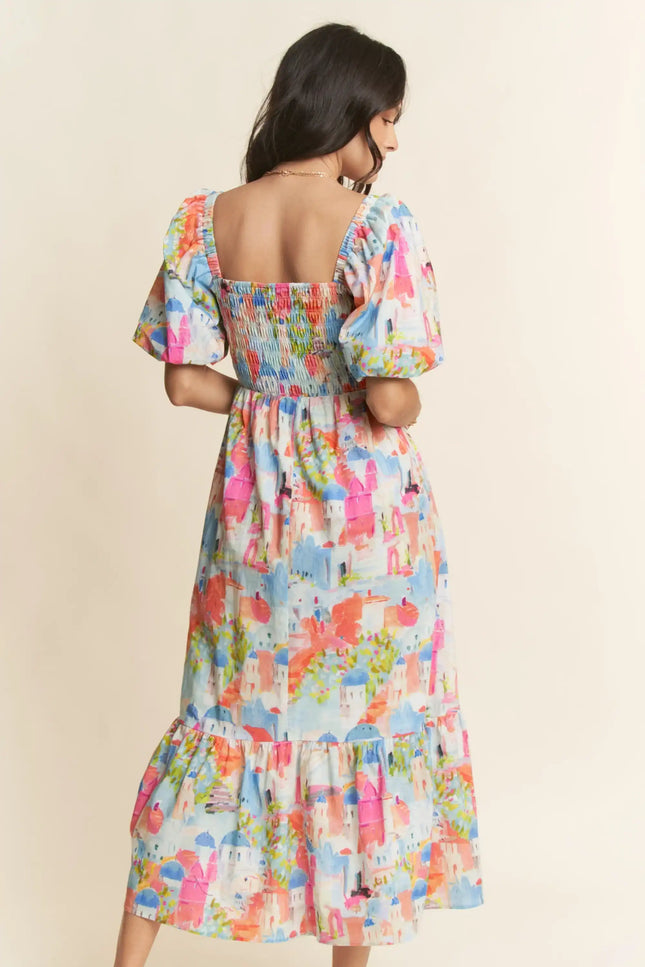 Watercolor Village Print Smocked Midi Dress – Puff Sleeve Tiered Skirt Dress