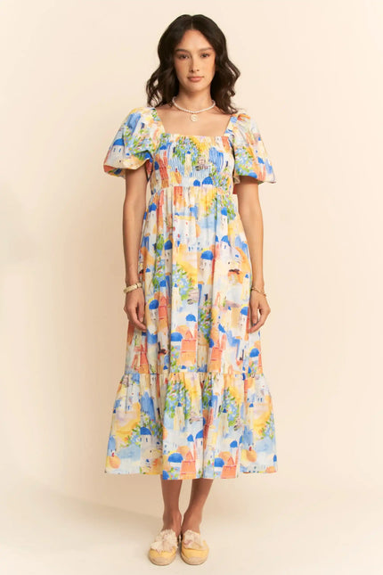 Watercolor Village Print Smocked Midi Dress – Puff Sleeve Tiered Skirt Dress