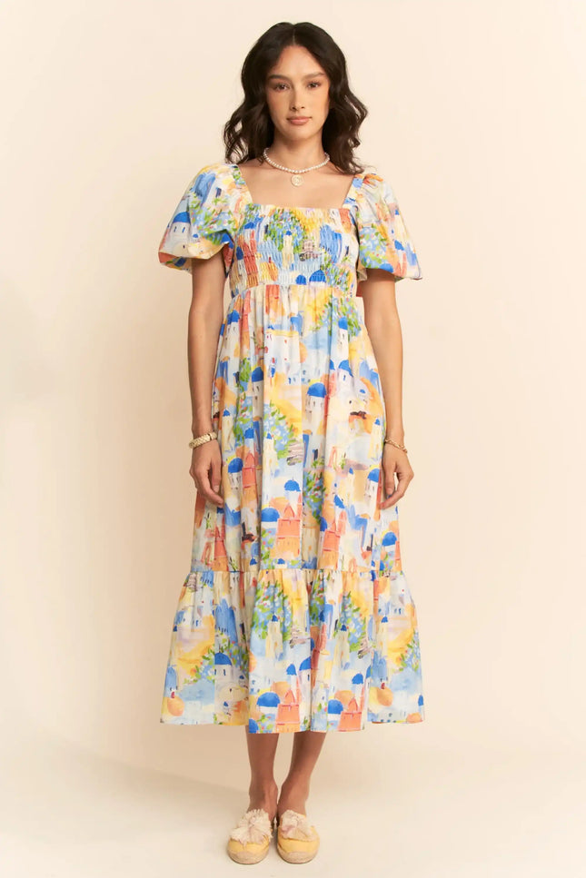 Watercolor Village Print Smocked Midi Dress – Puff Sleeve Tiered Skirt Dress