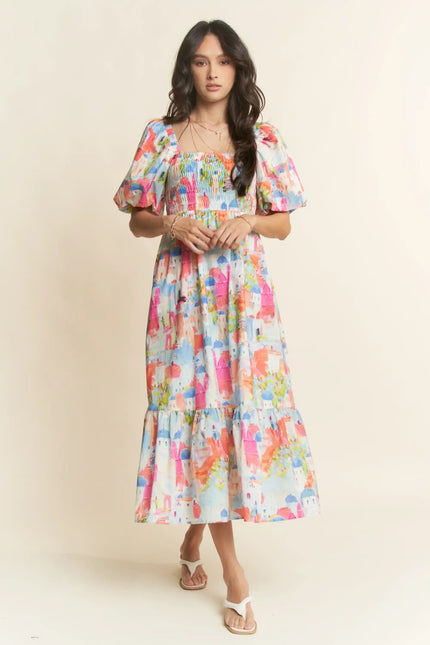Watercolor Village Print Smocked Midi Dress – Puff Sleeve Tiered Skirt Dress