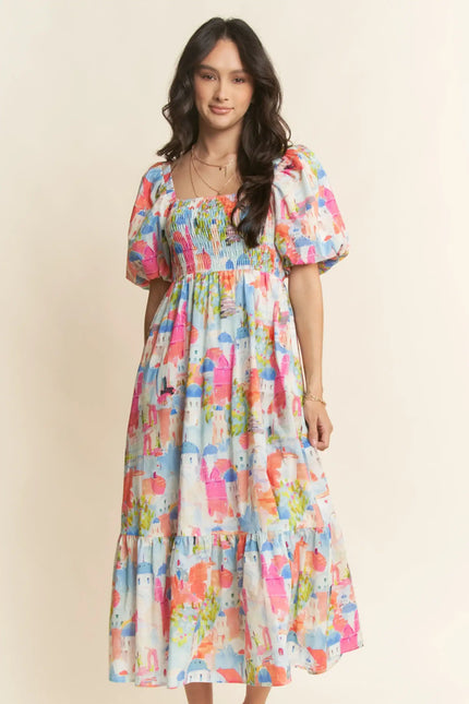 Watercolor Village Print Smocked Midi Dress – Puff Sleeve Tiered Skirt Dress