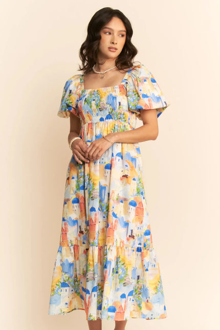 Watercolor Village Print Smocked Midi Dress – Puff Sleeve Tiered Skirt Dress
