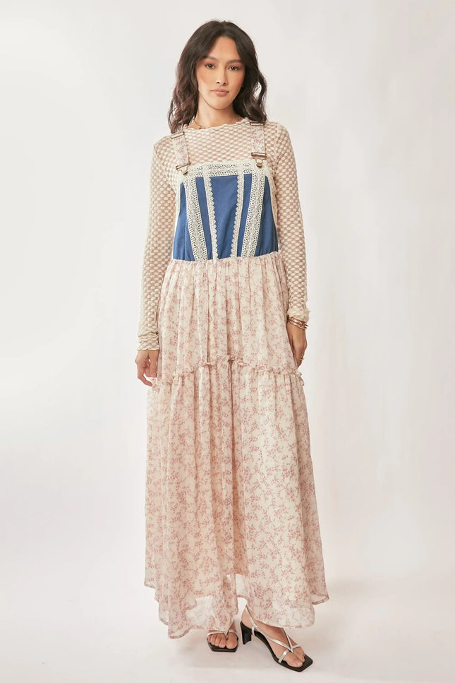 Denim Bodice Suspender Maxi Dress – Floral Tiered Skirt with Lace Trim