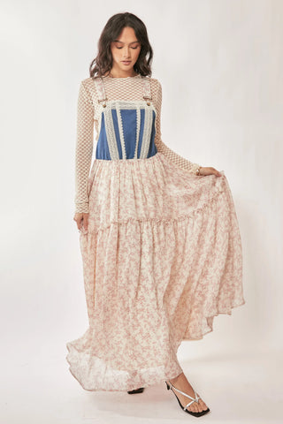 Denim Bodice Suspender Maxi Dress – Floral Tiered Skirt with Lace Trim