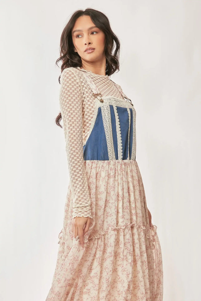 Denim Bodice Suspender Maxi Dress – Floral Tiered Skirt with Lace Trim