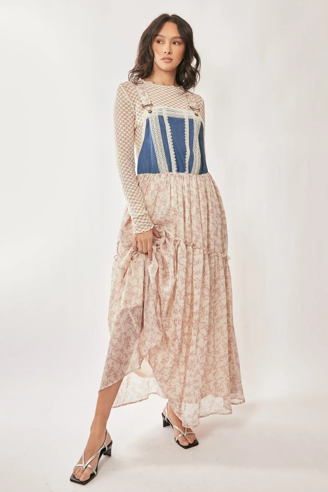 Denim Bodice Suspender Maxi Dress – Floral Tiered Skirt with Lace Trim