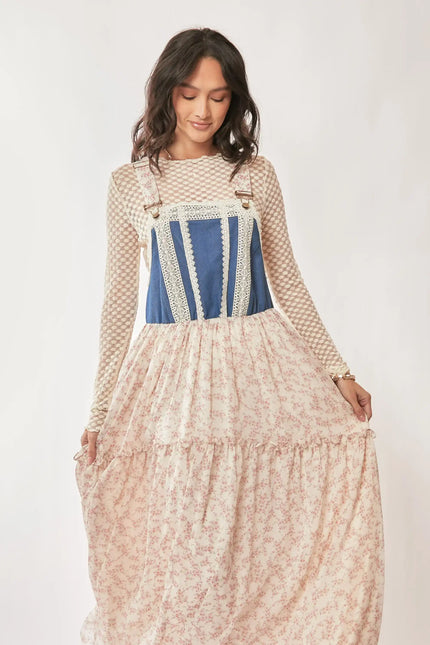 Denim Bodice Suspender Maxi Dress – Floral Tiered Skirt with Lace Trim