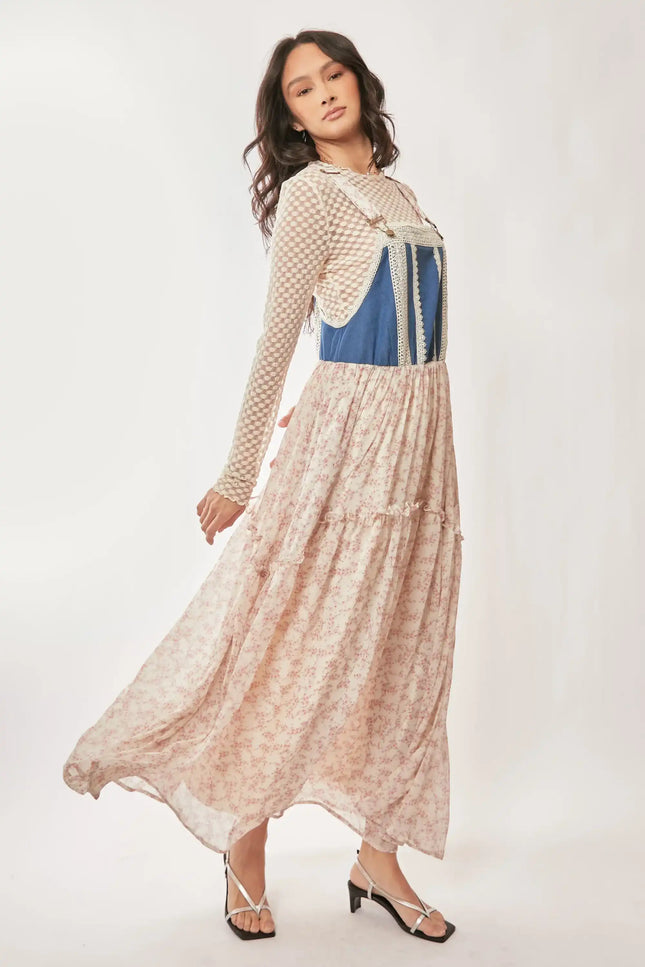 Denim Bodice Suspender Maxi Dress – Floral Tiered Skirt with Lace Trim