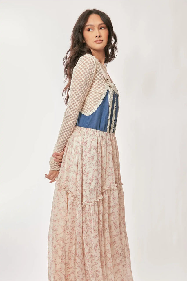Denim Bodice Suspender Maxi Dress – Floral Tiered Skirt with Lace Trim