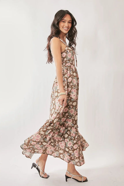 Floral Tie Strap Maxi Dress – Ruffle Hem A-Line Dress with Bow Detail