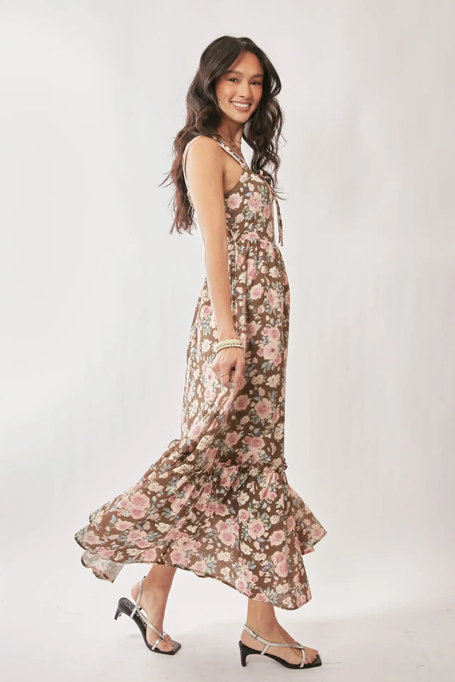 Floral Tie Strap Maxi Dress – Ruffle Hem A-Line Dress with Bow Detail