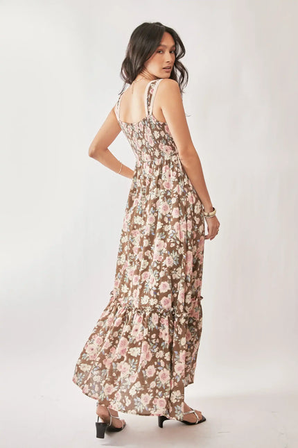 Floral Tie Strap Maxi Dress – Ruffle Hem A-Line Dress with Bow Detail