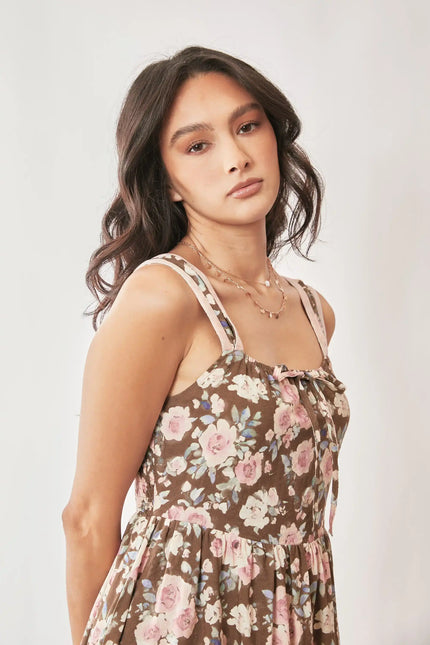 Floral Tie Strap Maxi Dress – Ruffle Hem A-Line Dress with Bow Detail