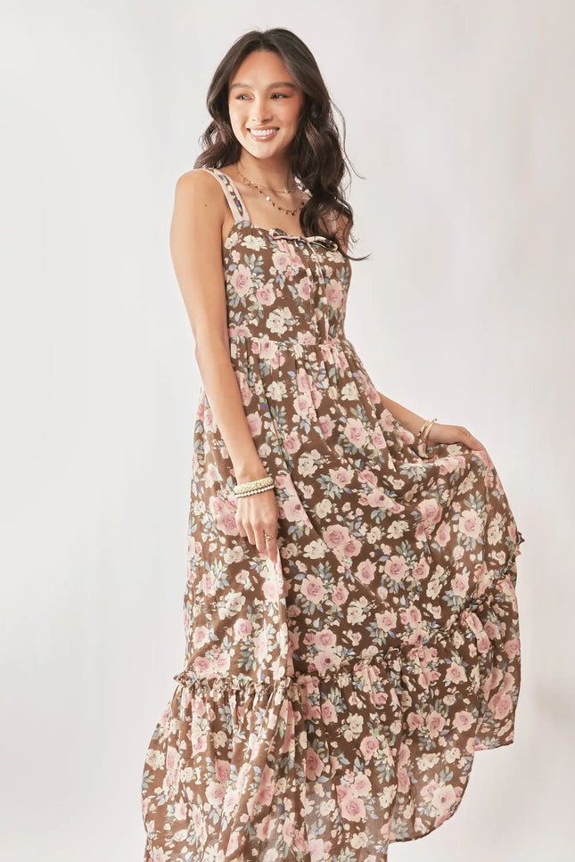 Floral Tie Strap Maxi Dress – Ruffle Hem A-Line Dress with Bow Detail