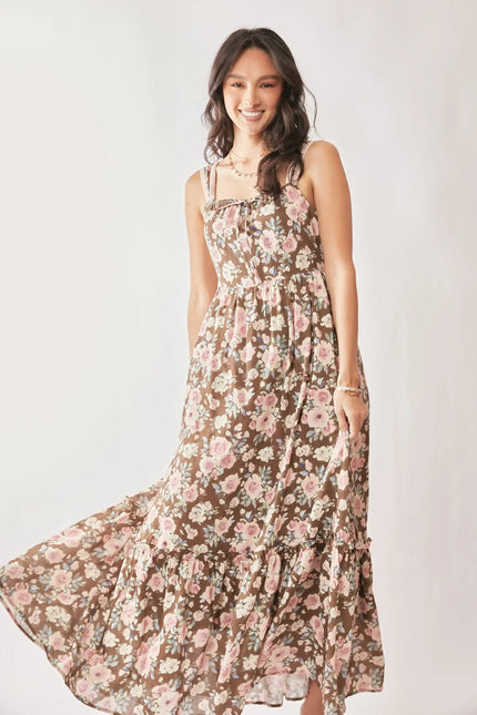 Floral Tie Strap Maxi Dress – Ruffle Hem A-Line Dress with Bow Detail